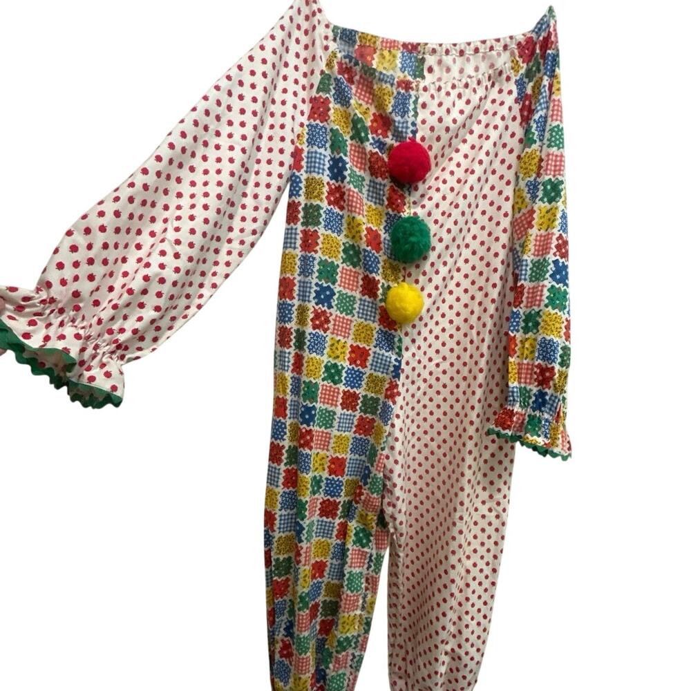 Vtg 70’s handmade clown costume Unique patchwork & apples Print fabric adult S/M